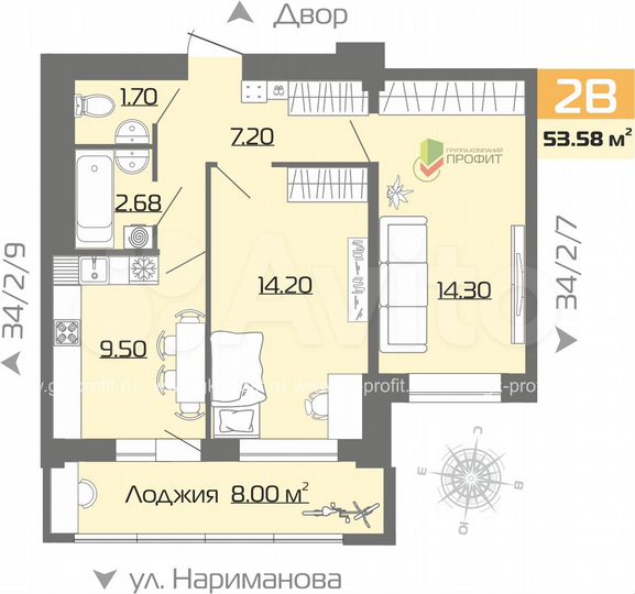 2-к. квартира, 53,6 м², 10/19 эт.