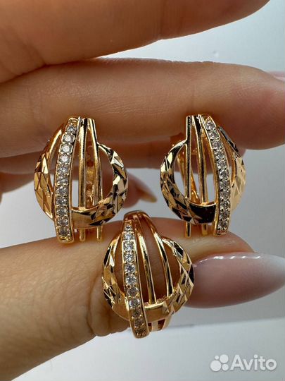 Набор серьги и кольцо, покрытие золото, р. 18, 19