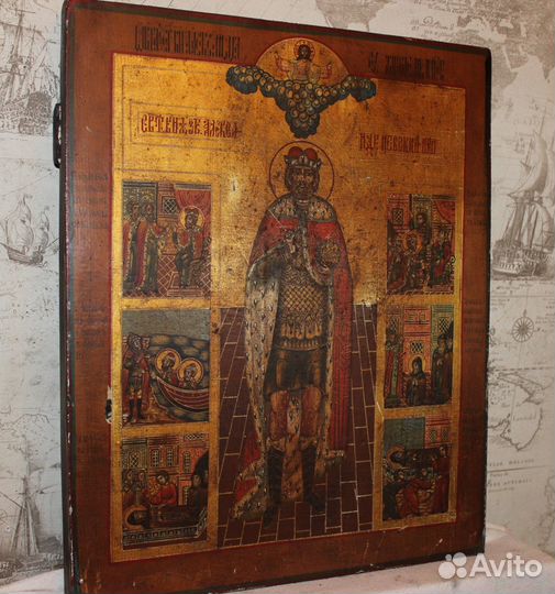 Старая икона Александр Невский с житием 49*41*4см