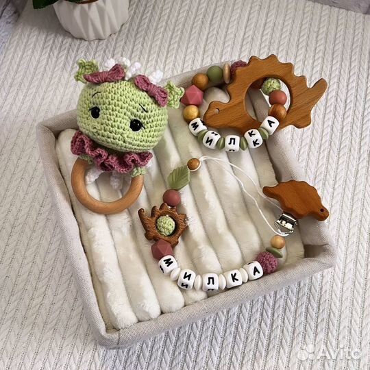 Держатель для пустышки именной и грызунок именной