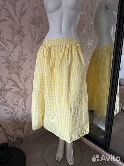 Желтая Юбка миди в клетку 48 50 лен benetton