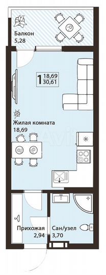 Квартира-студия, 30,6 м², 1/7 эт.