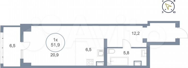 1-к. квартира, 51,9 м², 4/25 эт.