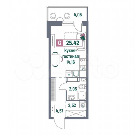 Квартира-студия, 25,4 м², 6/16 эт.