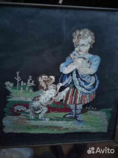 Вышивка старинная девочка с собачкой Картина