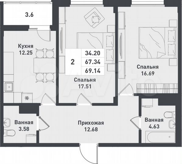 2-к. квартира, 69,1 м², 5/12 эт.