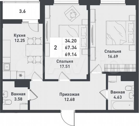 2-к. квартира, 69,1 м², 5/12 эт.