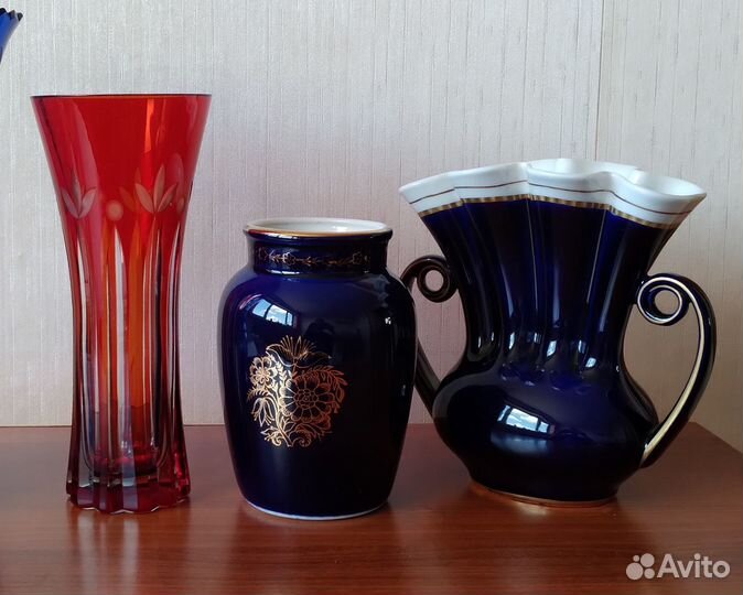 Ваза х 3 (цветное стекло, фарфор лфз, СССР)