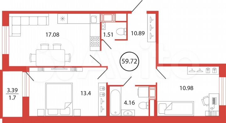 2-к. квартира, 59,7 м², 9/12 эт.