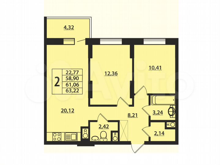 2-к. квартира, 61,1 м², 3/19 эт.