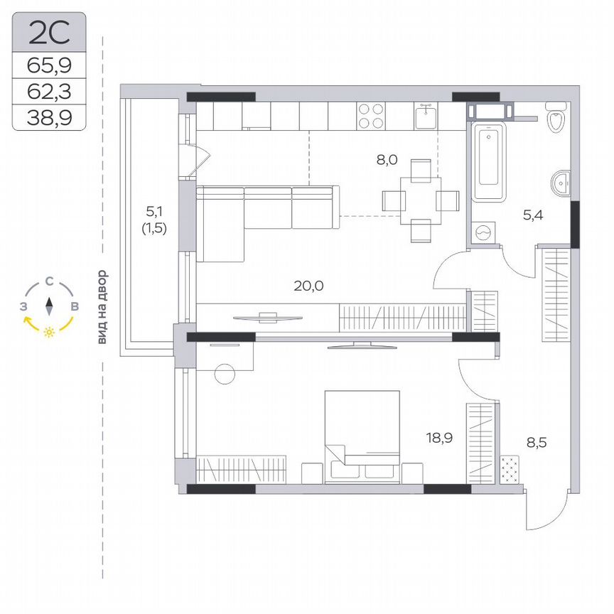 2-к. квартира, 62,2 м², 3/9 эт.