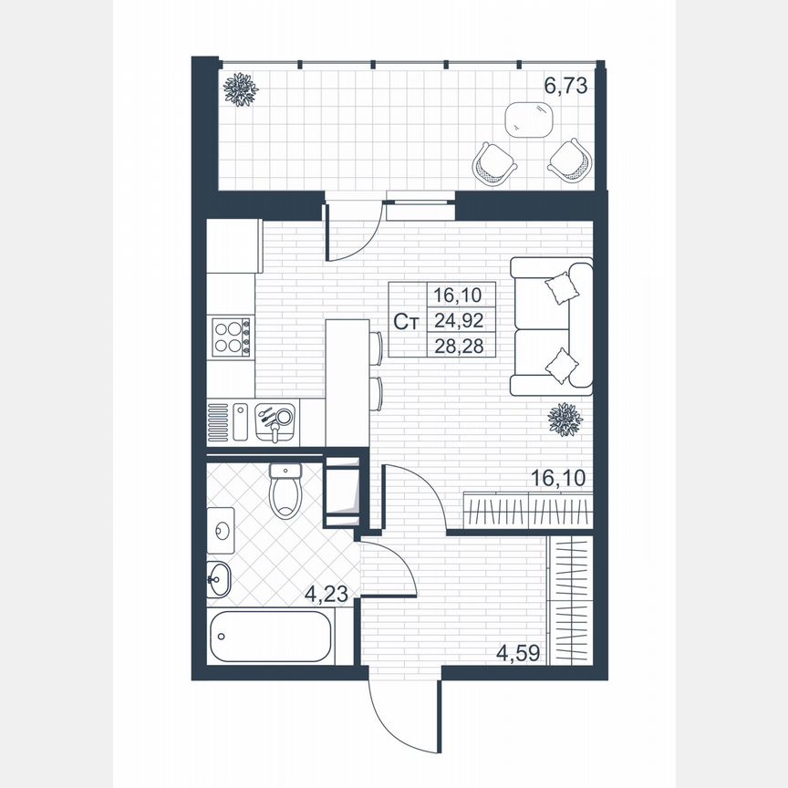 Квартира-студия, 24,7 м², 8/9 эт.