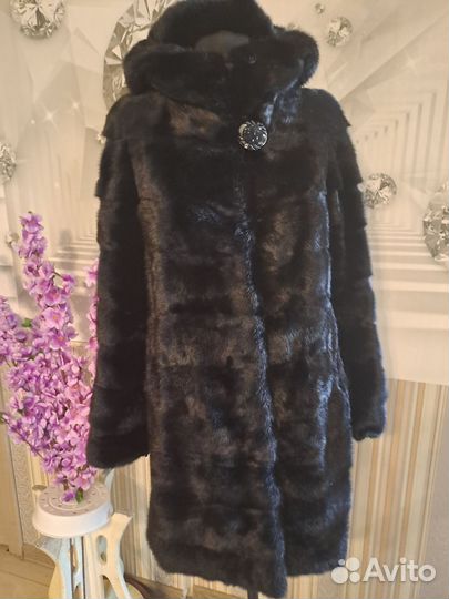Шуба норковая поперечка 46 48 с капюшоном