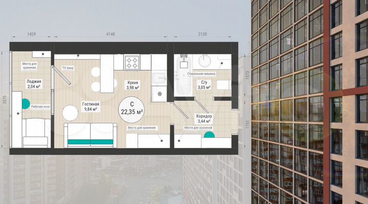 Квартира-студия, 22,4 м², 12/27 эт.