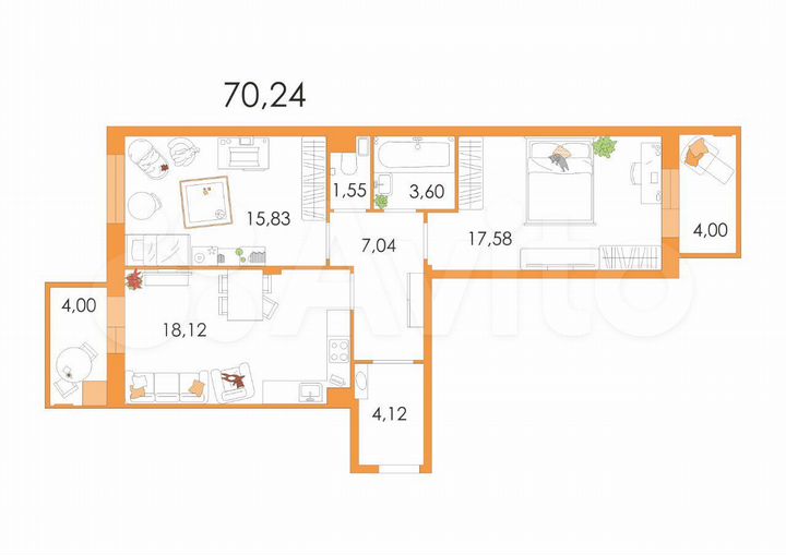 2-к. квартира, 70,2 м², 8/8 эт.