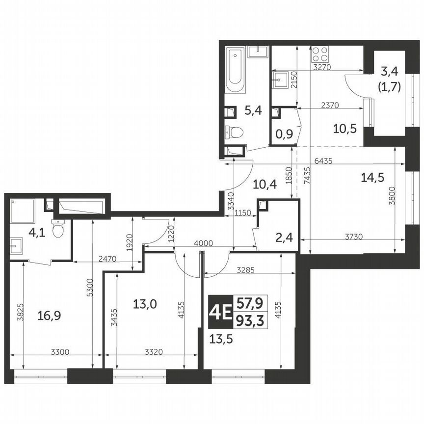 3-к. квартира, 93,3 м², 22/29 эт.