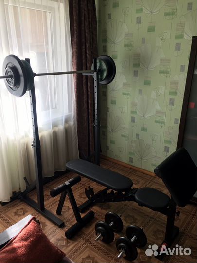 Стойка для штанги, штанга 95кг, гантели, скамья