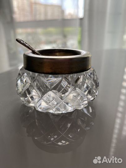 Солонка для соли с ложкой.Серебро/хрусталь СССР