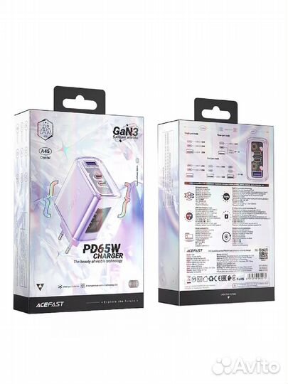 Сзу acefast A45 PD65W фиолетовый GaN (2*USB-C+USB