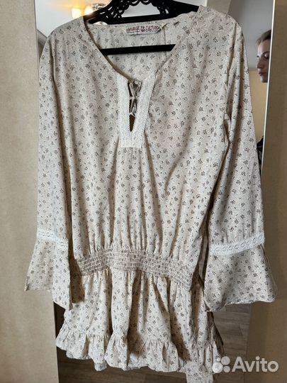 Бежевая туника блузка в этно-стиле, 44-46 р
