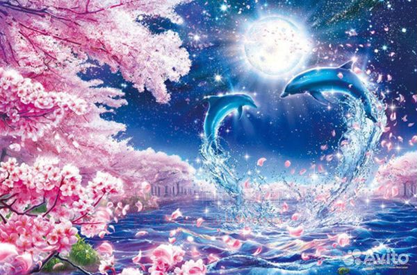 Алмазная мозаика 30x40 Любовь дельфинов среди ночи