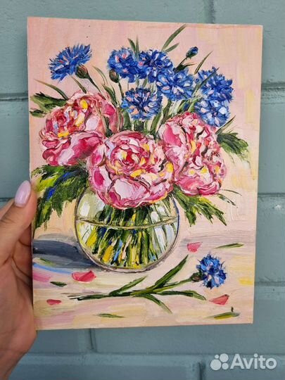 Картина маслом пионы васильки маслом цветы в вазе