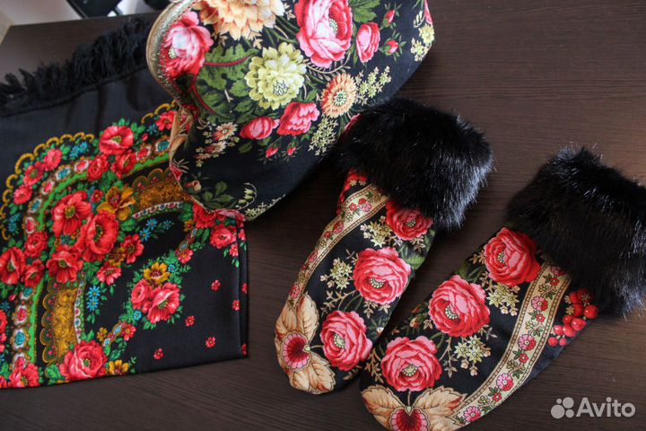 Павловопосад. платок, сумочка,варежки Черные глаза