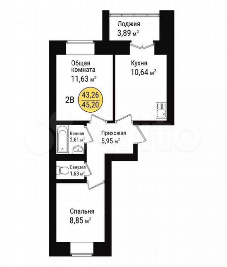 2-к. квартира, 45,2 м², 4/9 эт.