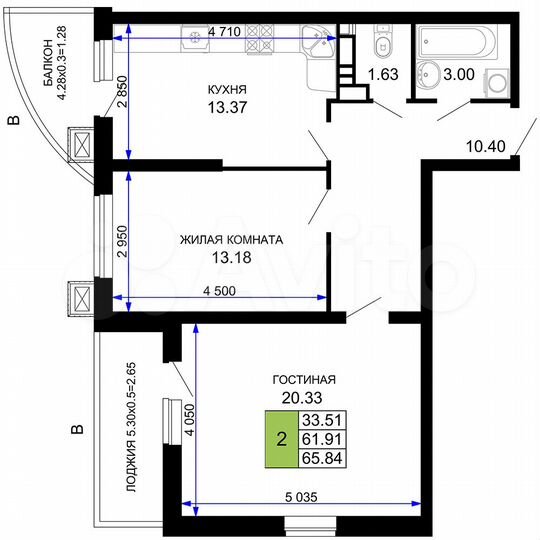 2-к. квартира, 65 м², 3/17 эт.