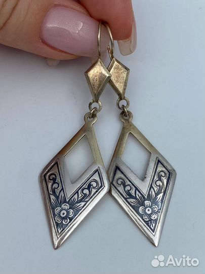 Серьги серебро 925 северная чернь позолота