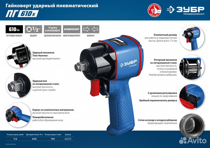 Гайковерт пневматический зубр пг-610К (64270) +M67