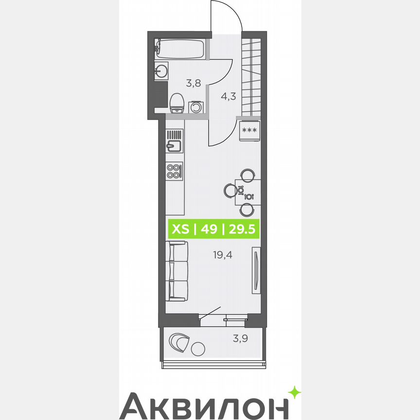 Квартира-студия, 29,5 м², 6/13 эт.
