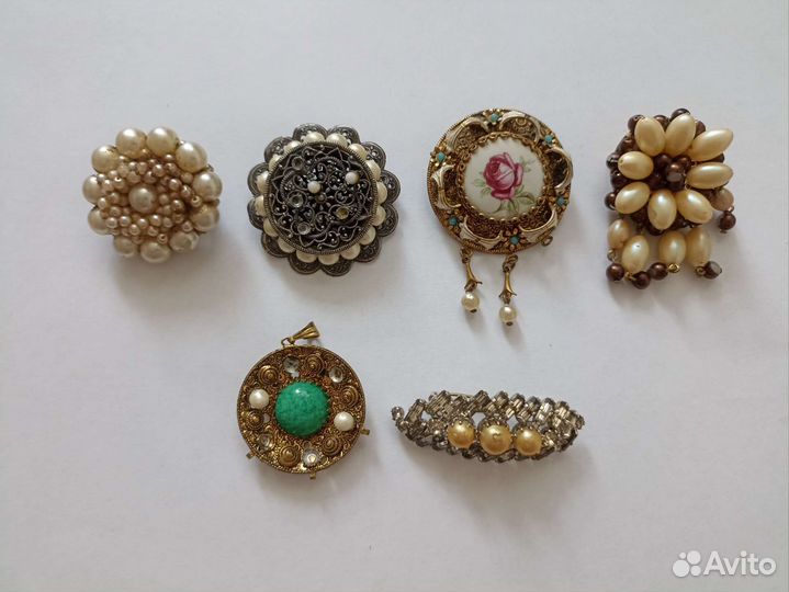 Броши жемчуг винтаж скань хрусталь