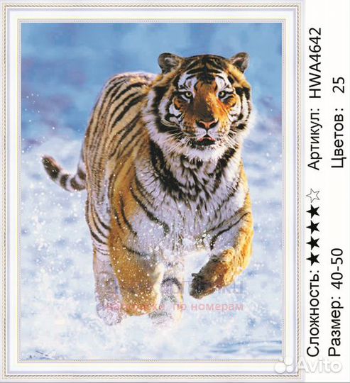 Алмазная мозаика 40x50 Тигр бежит по снегу