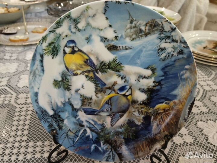 Винтаж: Синицы зима Тарелка фарфор птицы декоратив