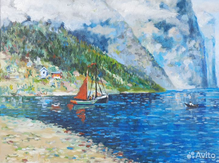 Морской пейзаж,бухта,парусник,горы.Масло 60\70