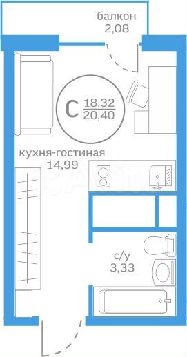 Квартира-студия, 18,3 м², 9/20 эт.