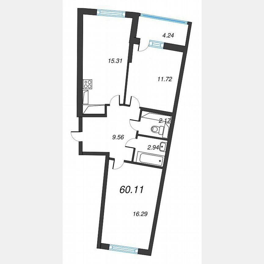 2-к. квартира, 62,2 м², 18/22 эт.
