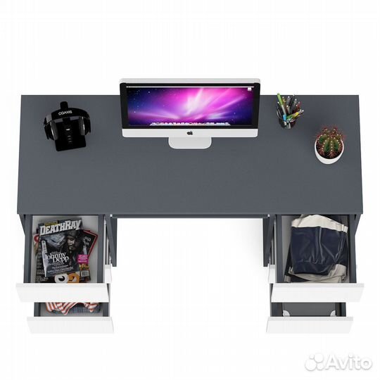 Компьютерный стол с двумя тумбами Мори мс-2, цвет графит/белый, шхгхв 135,4х50х76,6 см