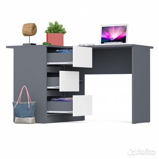 Угловой компьютерный стол Мори мс-16 левый графит/белый, 124,4х84,9х76,6 см, ящики слева, не универс