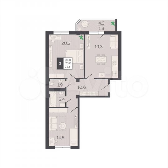 2-к. квартира, 71,5 м², 3/9 эт.