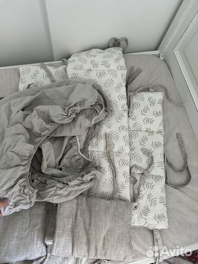 Бортики в детскую кроватку лен одеяло простынь