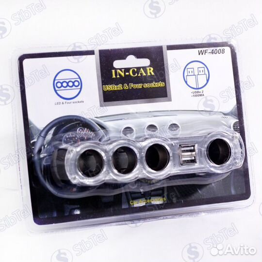 Разветвитель прикуривателя WF-4008 1000ma,4 азу+2U