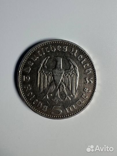 Монета 5 марок Гинденбург 1935 год Серебро