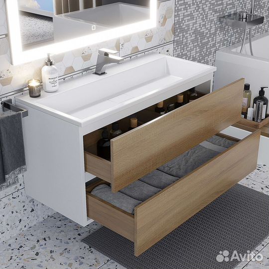 Раковина для ванной полувстраиваемая 100 см, прямоугольная