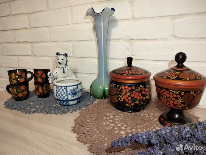 Вазы цветное стекло Дерево СССР Гжель Хохлома