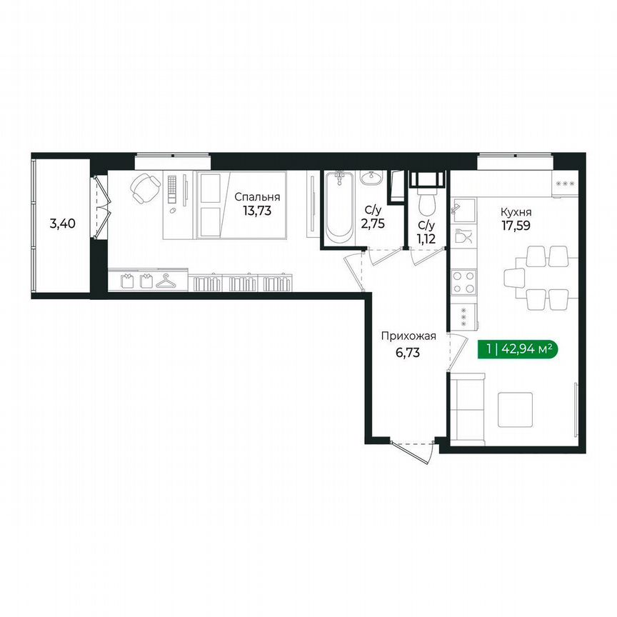 1-к. квартира, 42,9 м², 3/8 эт.