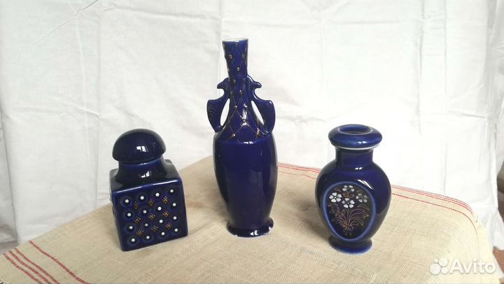 Фарфоровые чайницы и вазочка. Кобальт. СССР