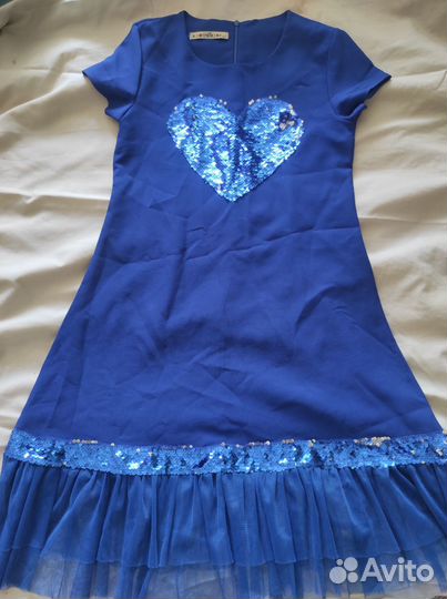 Платье для девочки 152 синее с пайетками