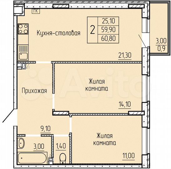 2-к. квартира, 59,9 м², 3/4 эт.